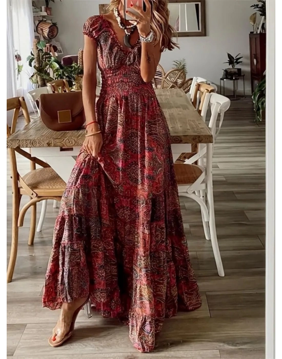 Kadın Kısa Kollu V Yakalı Beli Gipeli Desenli Süprem Maksi Elbise