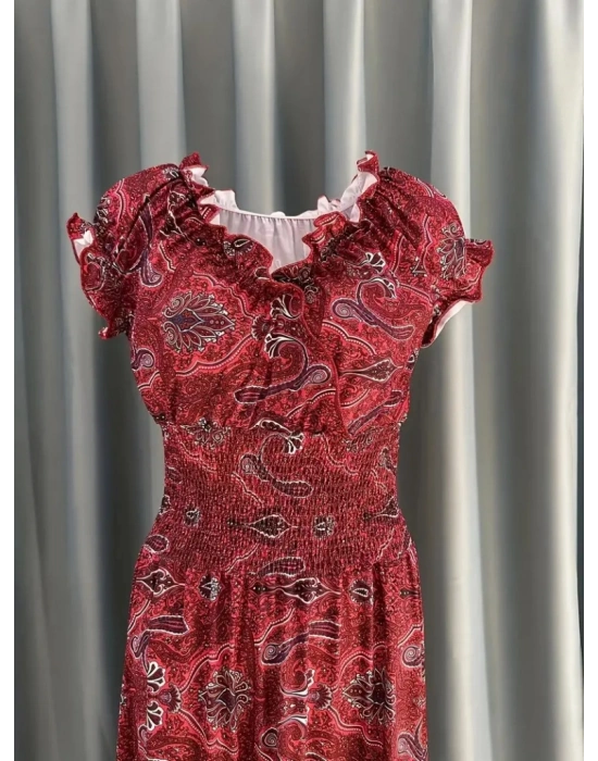 Kadın Kısa Kollu V Yakalı Beli Gipeli Desenli Süprem Maksi Elbise