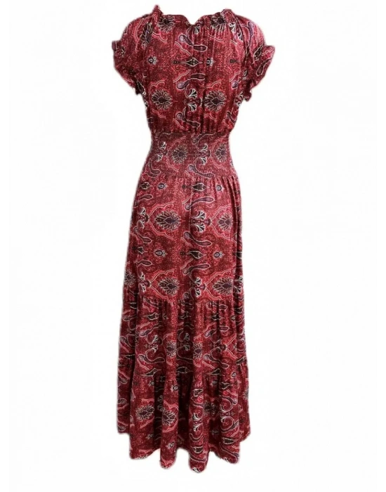 Kadın Kısa Kollu V Yakalı Beli Gipeli Desenli Süprem Maksi Elbise