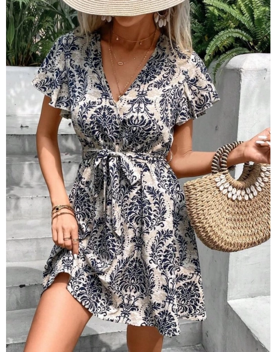 Kadın Kısa Kollu V Yakalı Beli Kuşaklı Desenli Sofya Elbise