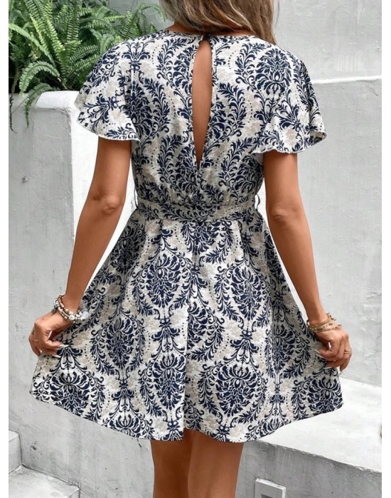 Kadın Kısa Kollu V Yakalı Beli Kuşaklı Desenli Sofya Elbise