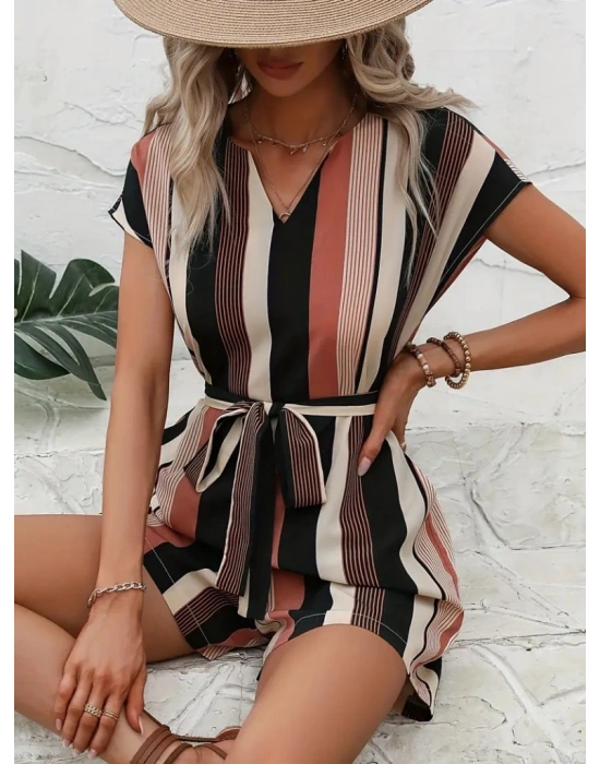 Kadın Kısa Kollu V Yakalı Beli Kuşaklı Keten Tulum