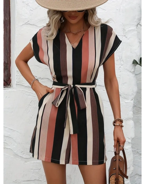 Kadın Kısa Kollu V Yakalı Beli Kuşaklı Keten Tulum