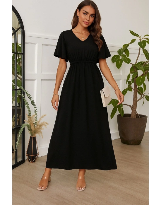 Kadın Kısa Kollu V Yakalı Beli Lastikli Uzun Viskon Elbise