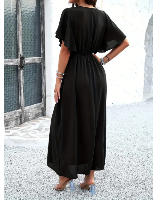 Kadın Kısa Kollu V Yakalı Beli Lastikli Uzun Viskon Elbise