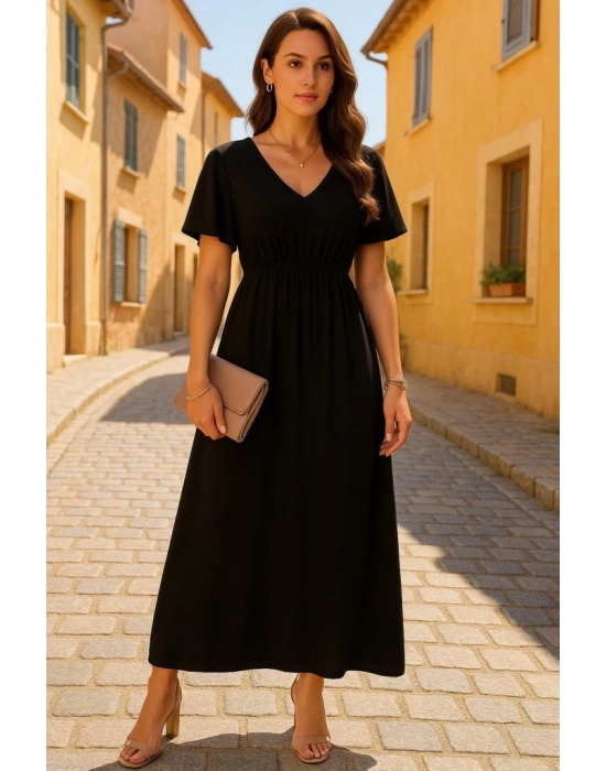 Kadın Kısa Kollu V Yakalı Beli Lastikli Uzun Viskon Elbise