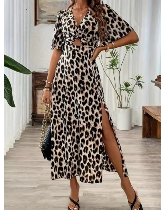 Kadın Kısa Kollu V Yakalı Beli Lastikli Yırtmaçlı Uzun Leopar Desenli Süprem Elbise