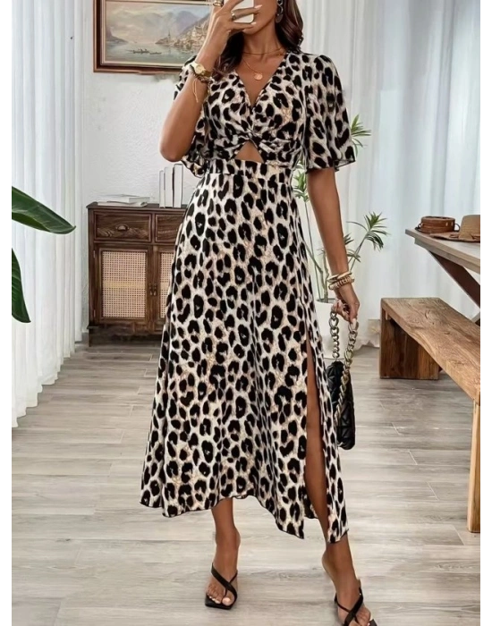 Kadın Kısa Kollu V Yakalı Beli Lastikli Yırtmaçlı Uzun Leopar Desenli Süprem Elbise