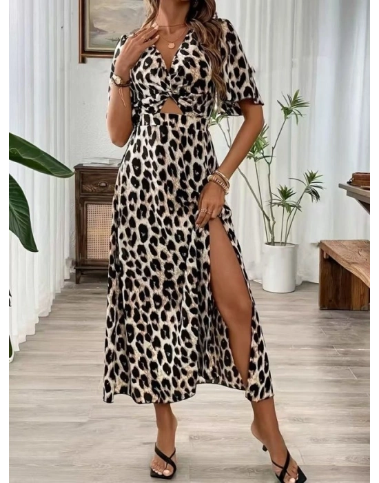 Kadın Kısa Kollu V Yakalı Beli Lastikli Yırtmaçlı Uzun Leopar Desenli Süprem Elbise