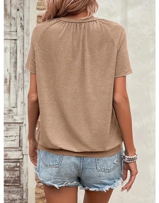 Kadın Kısa Kollu V Yakalı Büzgü Detaylı Viskon Bluz