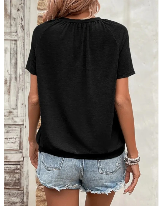 Kadın Kısa Kollu V Yakalı Büzgü Detaylı Viskon Bluz