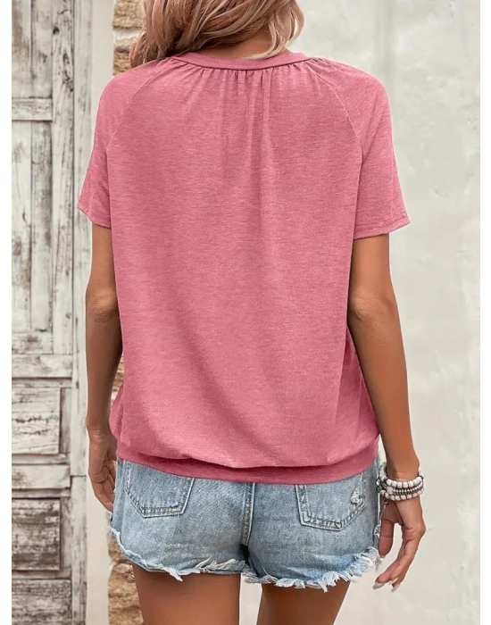 Kadın Kısa Kollu V Yakalı Büzgü Detaylı Viskon Bluz