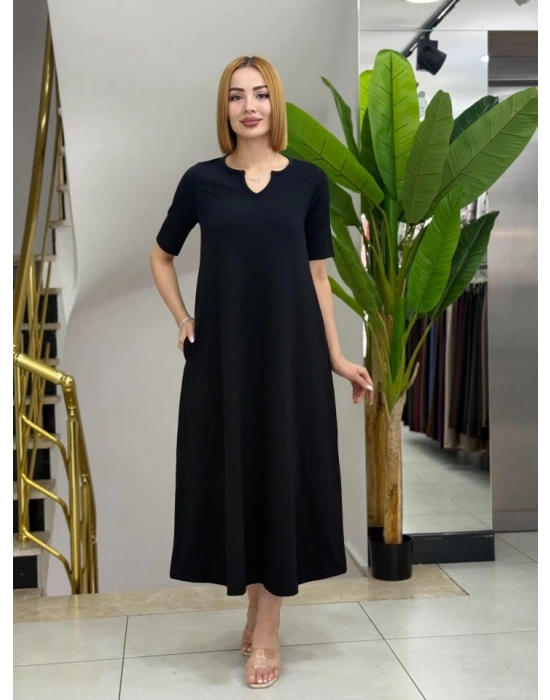 Kadın Kısa Kollu V Yakalı Cep Detaylı Uzun Janjan Krep Elbise