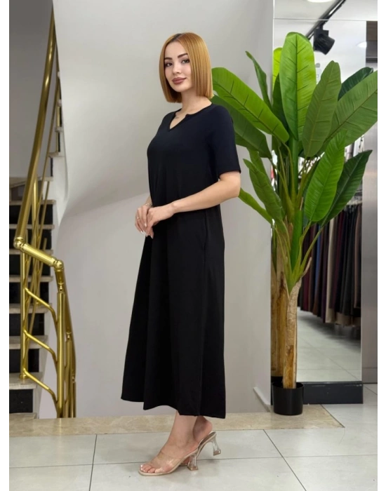 Kadın Kısa Kollu V Yakalı Cep Detaylı Uzun Janjan Krep Elbise