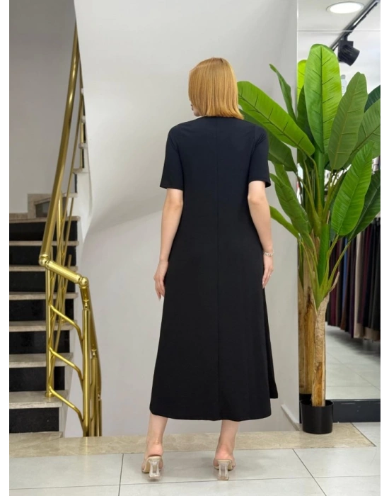 Kadın Kısa Kollu V Yakalı Cep Detaylı Uzun Janjan Krep Elbise