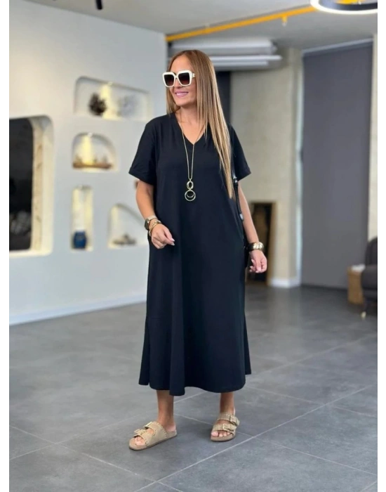 Kadın Kısa Kollu V Yakalı Cep Detaylı Uzun Viskon Iki Iplik Elbise