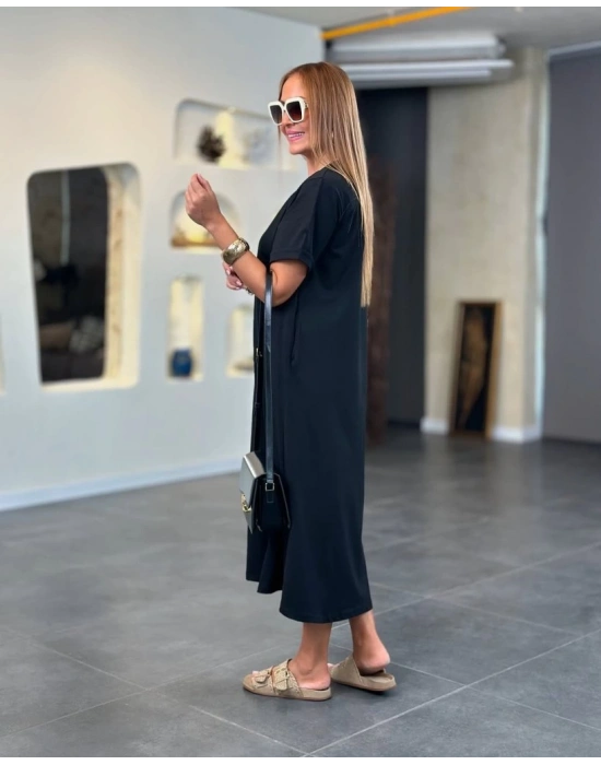 Kadın Kısa Kollu V Yakalı Cep Detaylı Uzun Viskon Iki Iplik Elbise