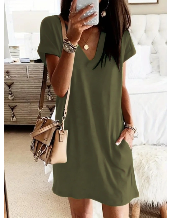 Kadın Kısa Kollu V Yakalı Cepli Kısa Viskon Elbise