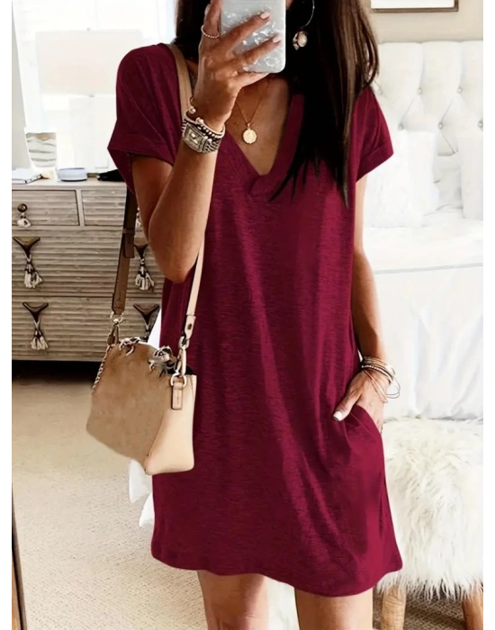 Kadın Kısa Kollu V Yakalı Cepli Kısa Viskon Elbise