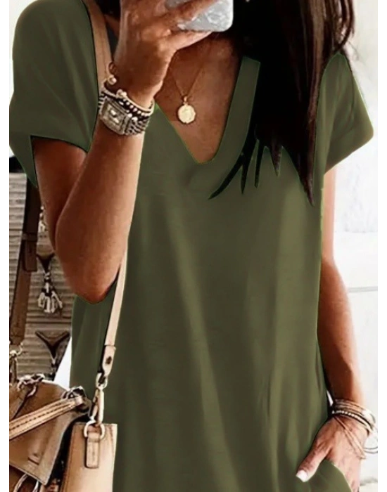 Kadın Kısa Kollu V Yakalı Cepli Kısa Viskon Elbise