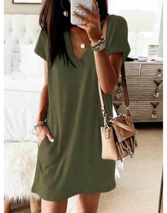 Kadın Kısa Kollu V Yakalı Cepli Kısa Viskon Elbise