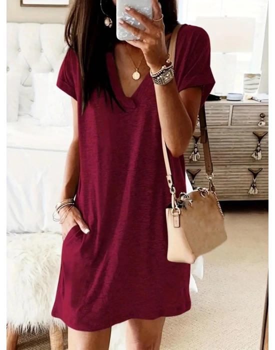 Kadın Kısa Kollu V Yakalı Cepli Kısa Viskon Elbise