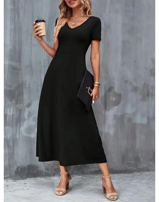 Kadın Kısa Kollu V Yakalı Cepli Viskon Elbise