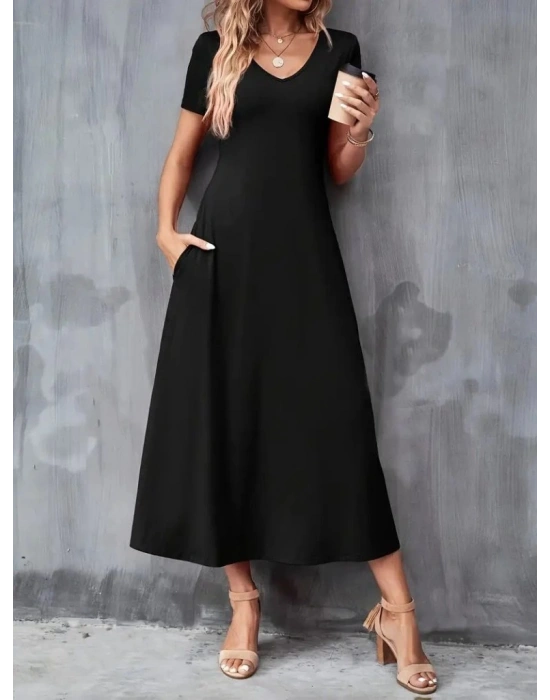 Kadın Kısa Kollu V Yakalı Cepli Viskon Elbise