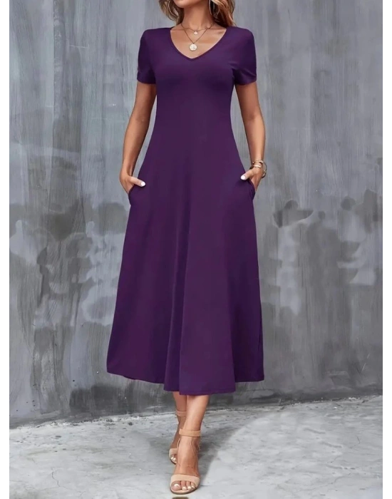 Kadın Kısa Kollu V Yakalı Cepli Viskon Elbise