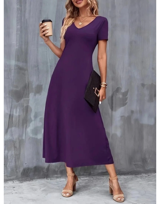 Kadın Kısa Kollu V Yakalı Cepli Viskon Elbise