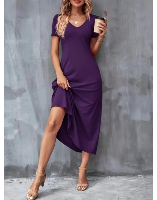 Kadın Kısa Kollu V Yakalı Cepli Viskon Elbise