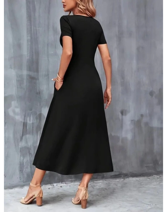 Kadın Kısa Kollu V Yakalı Cepli Viskon Elbise