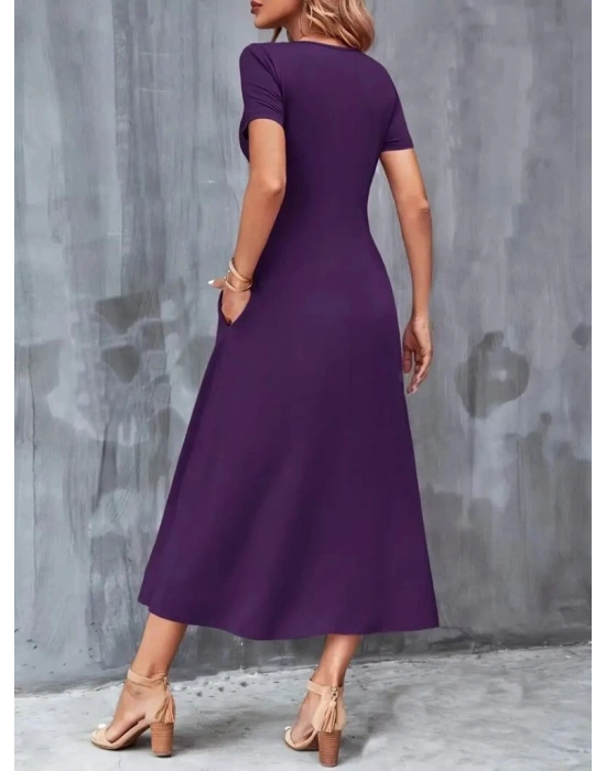 Kadın Kısa Kollu V Yakalı Cepli Viskon Elbise