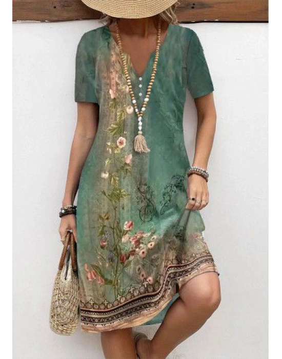 Kadın Kısa Kollu V Yakalı çiçek Baskılı Midi Süprem Elbise