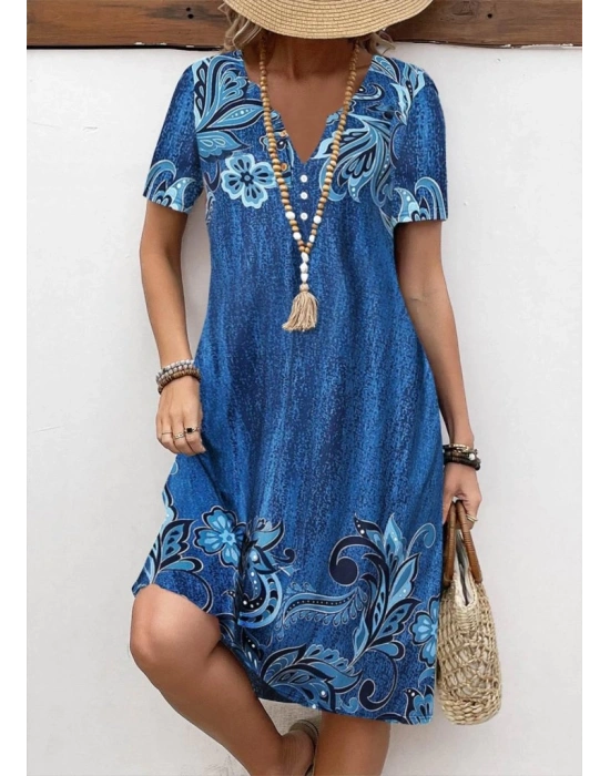 Kadın Kısa Kollu V Yakalı çiçek Baskılı Midi Süprem Elbise