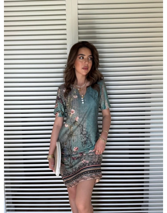 Kadın Kısa Kollu V Yakalı çiçek Baskılı Midi Süprem Elbise