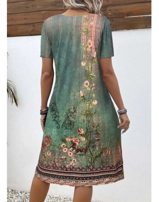 Kadın Kısa Kollu V Yakalı çiçek Baskılı Midi Süprem Elbise