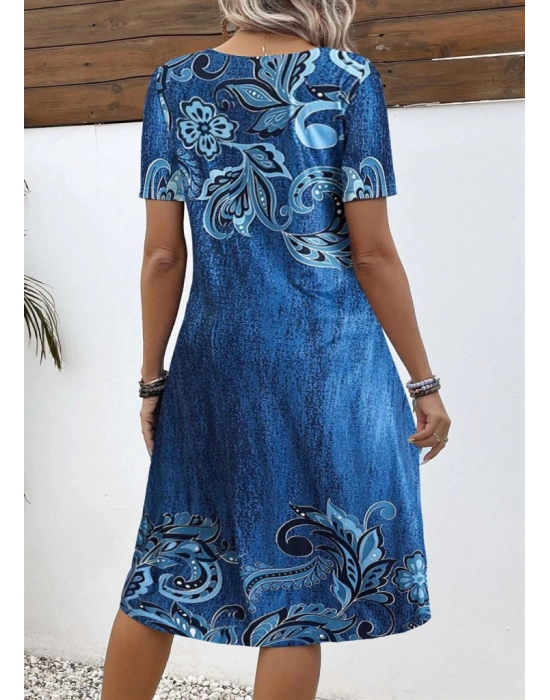 Kadın Kısa Kollu V Yakalı çiçek Baskılı Midi Süprem Elbise