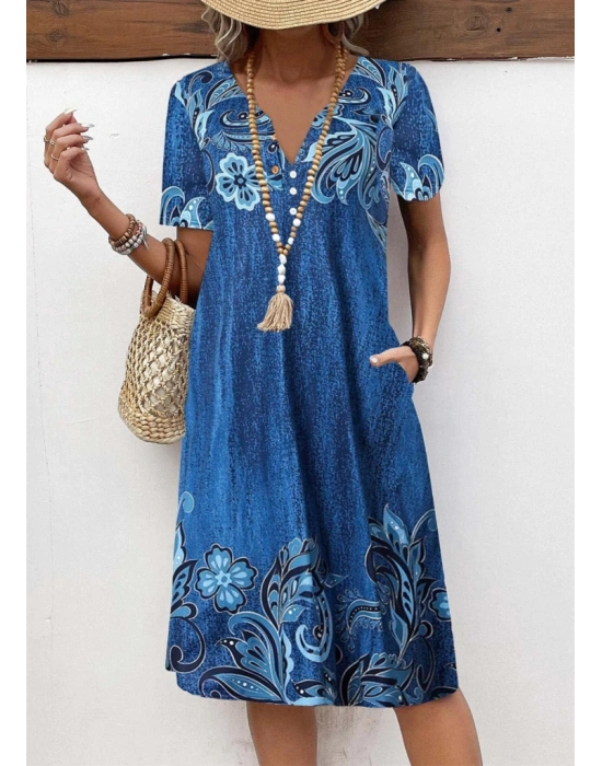 Kadın Kısa Kollu V Yakalı çiçek Baskılı Midi Süprem Elbise