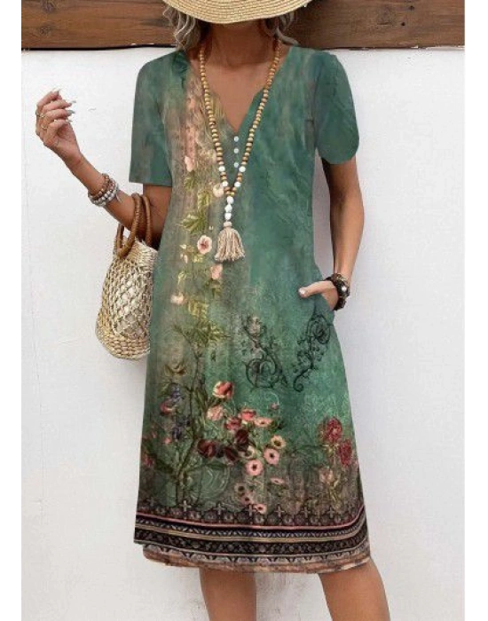 Kadın Kısa Kollu V Yakalı çiçek Baskılı Midi Süprem Elbise