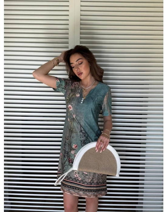 Kadın Kısa Kollu V Yakalı çiçek Baskılı Midi Süprem Elbise