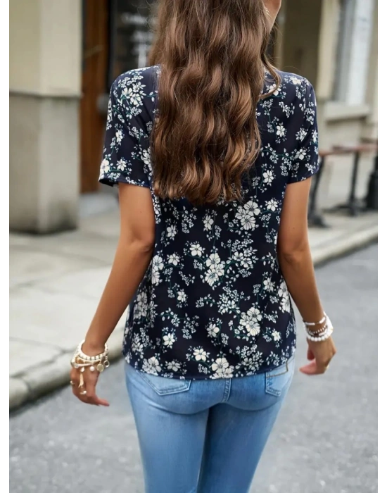 Kadın Kısa Kollu V Yakalı çiçek Baskılı Süprem Bluz