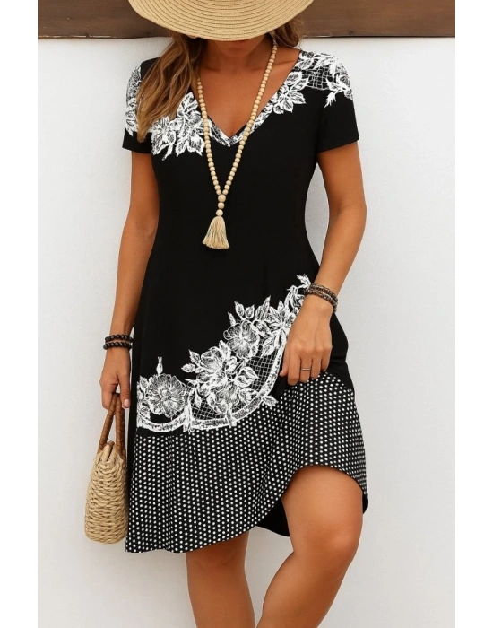 Kadın Kısa Kollu V Yakalı çiçek Baskılı Süprem Elbise