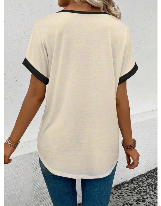 Kadın Kısa Kollu V Yakalı çift Renkli Viskon Bluz