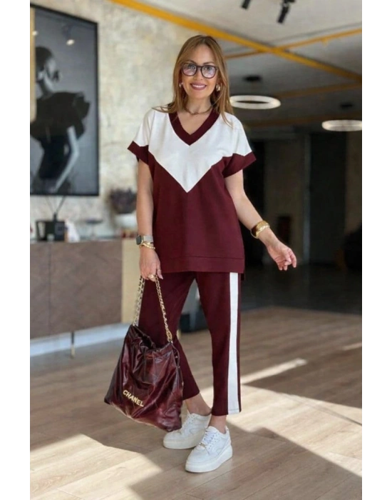 Kadın Kısa Kollu V Yakalı çift Renkli Viskon Iki Iplik Ikili Bluz Ve Pantolon Takım