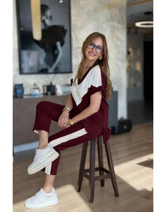 Kadın Kısa Kollu V Yakalı çift Renkli Viskon Iki Iplik Ikili Bluz Ve Pantolon Takım