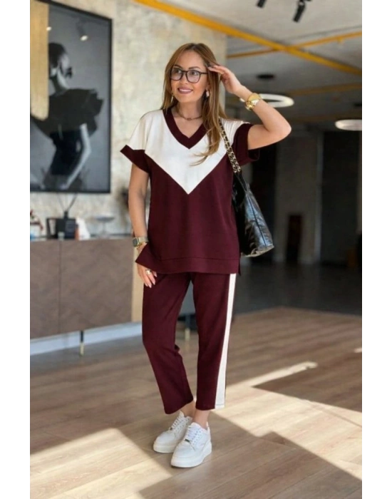 Kadın Kısa Kollu V Yakalı çift Renkli Viskon Iki Iplik Ikili Bluz Ve Pantolon Takım