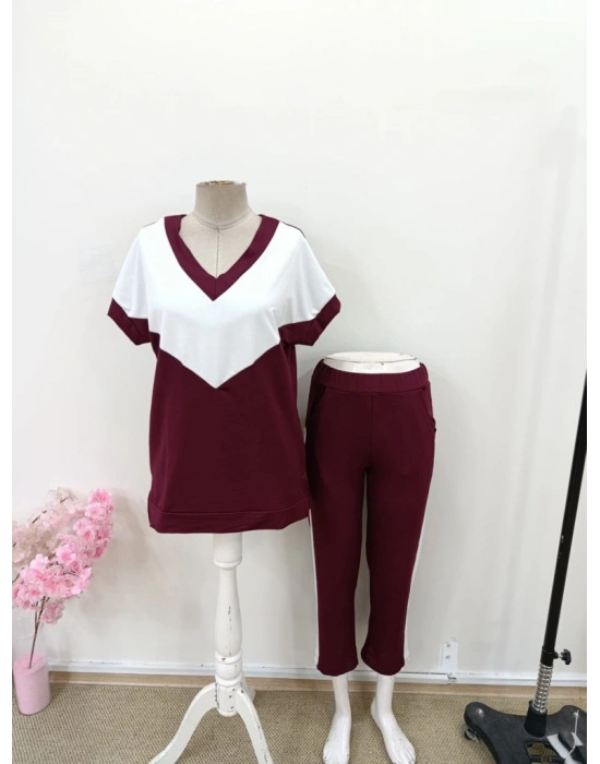 Kadın Kısa Kollu V Yakalı çift Renkli Viskon Iki Iplik Ikili Bluz Ve Pantolon Takım