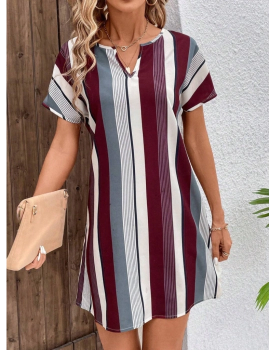 Kadın Kısa Kollu V Yakalı çizgi Baskılı Süprem Elbise