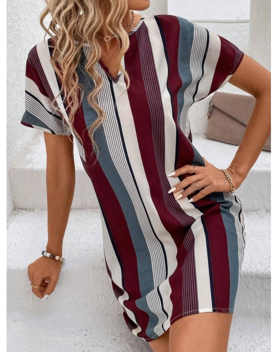 Kadın Kısa Kollu V Yakalı çizgi Baskılı Süprem Elbise